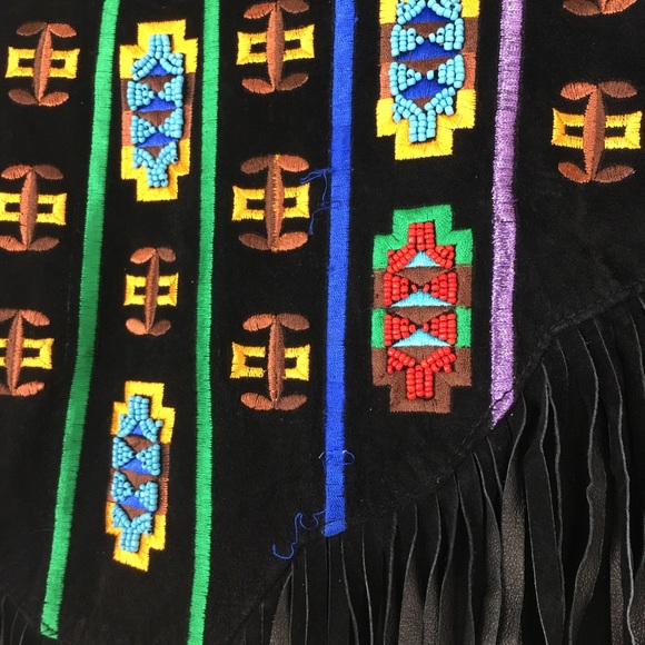 VTG Erez Levy Embroidered Leather Jacket Fringe Black Colorful Western Beaded - Picture 11 of 16
